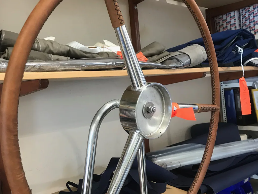 Leather-covered steering wheel on a yacht