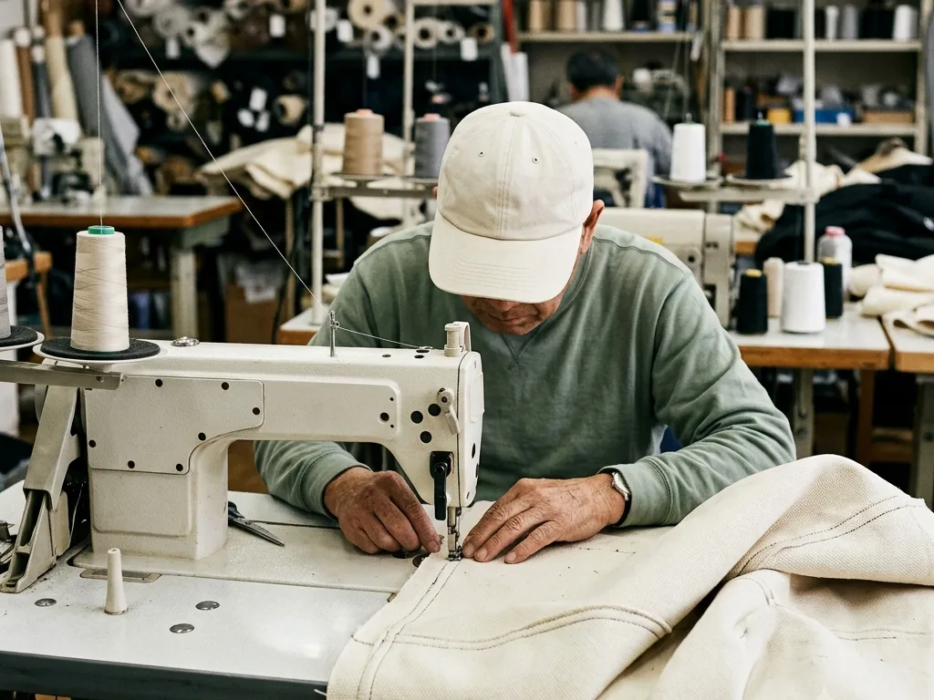 Worker stitching a canvas sail cover on an industrial sewing machine in the workshop