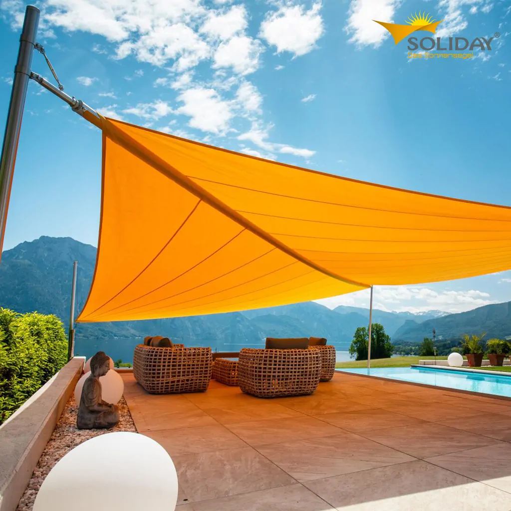 Soliday retractable shade system installed over a terrace