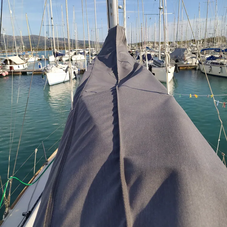 Navy lazy bag seen from the mast looking aft along the boom