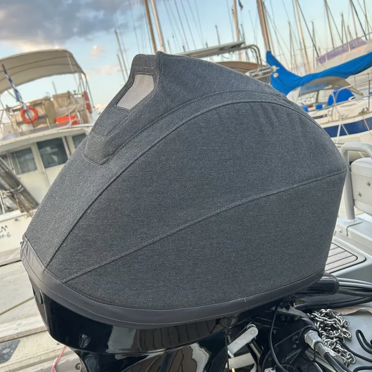 Console cover on a tender, the marina behind