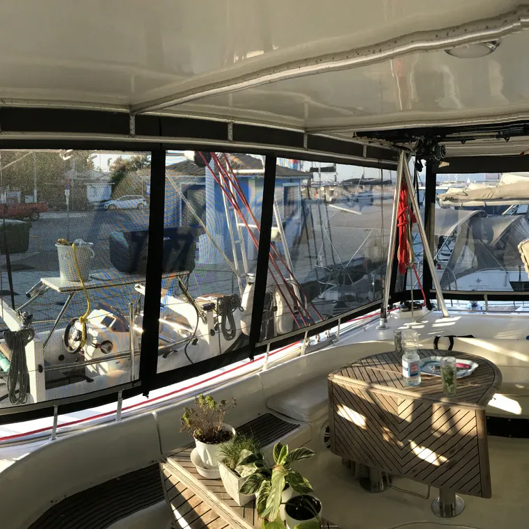 Side panels around a cockpit set up for living aboard