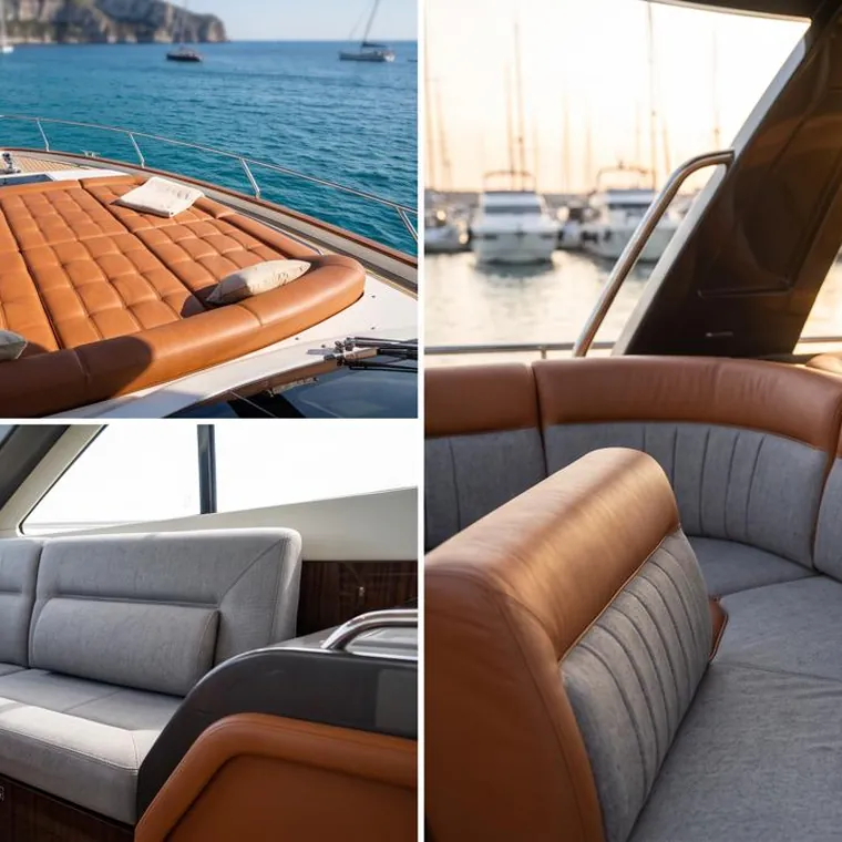 Four views of tan leather and grey fabric upholstery across a motor yacht