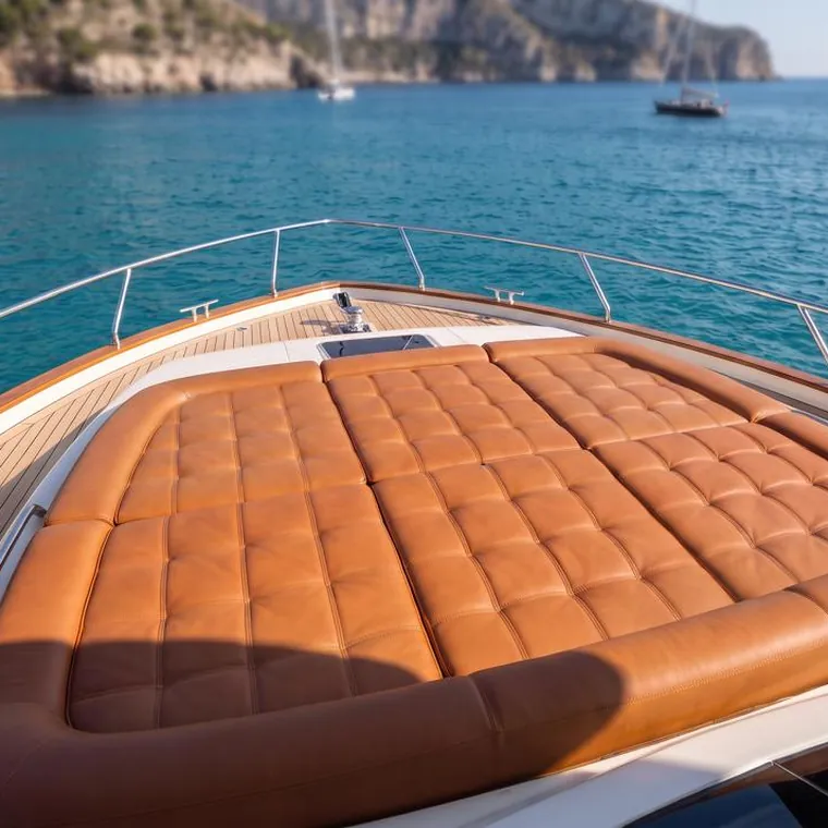 Tan leather sunpad cushions filling the foredeck of a motor yacht at anchor