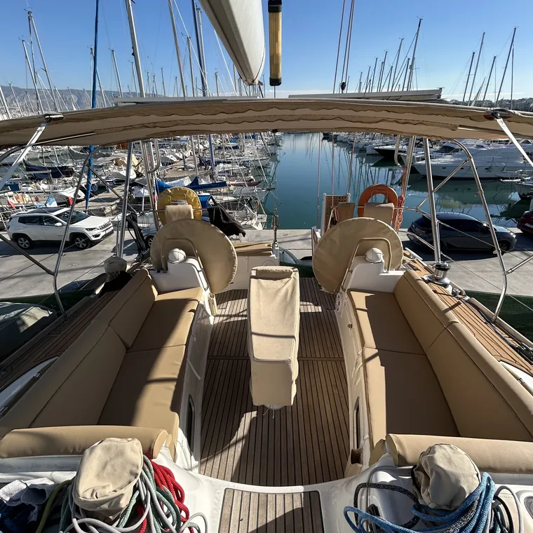 Cockpit seating and backrests fitted on a yacht in a marina