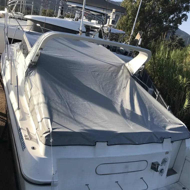 Full winter cover over a yacht lying in the marina