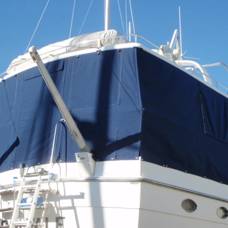 Navy covers over the flybridge of a motor yacht