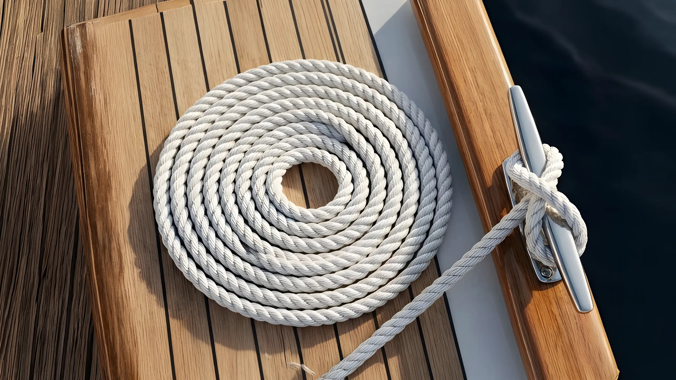 A mooring line coiled on the teak side deck of a yacht at sea