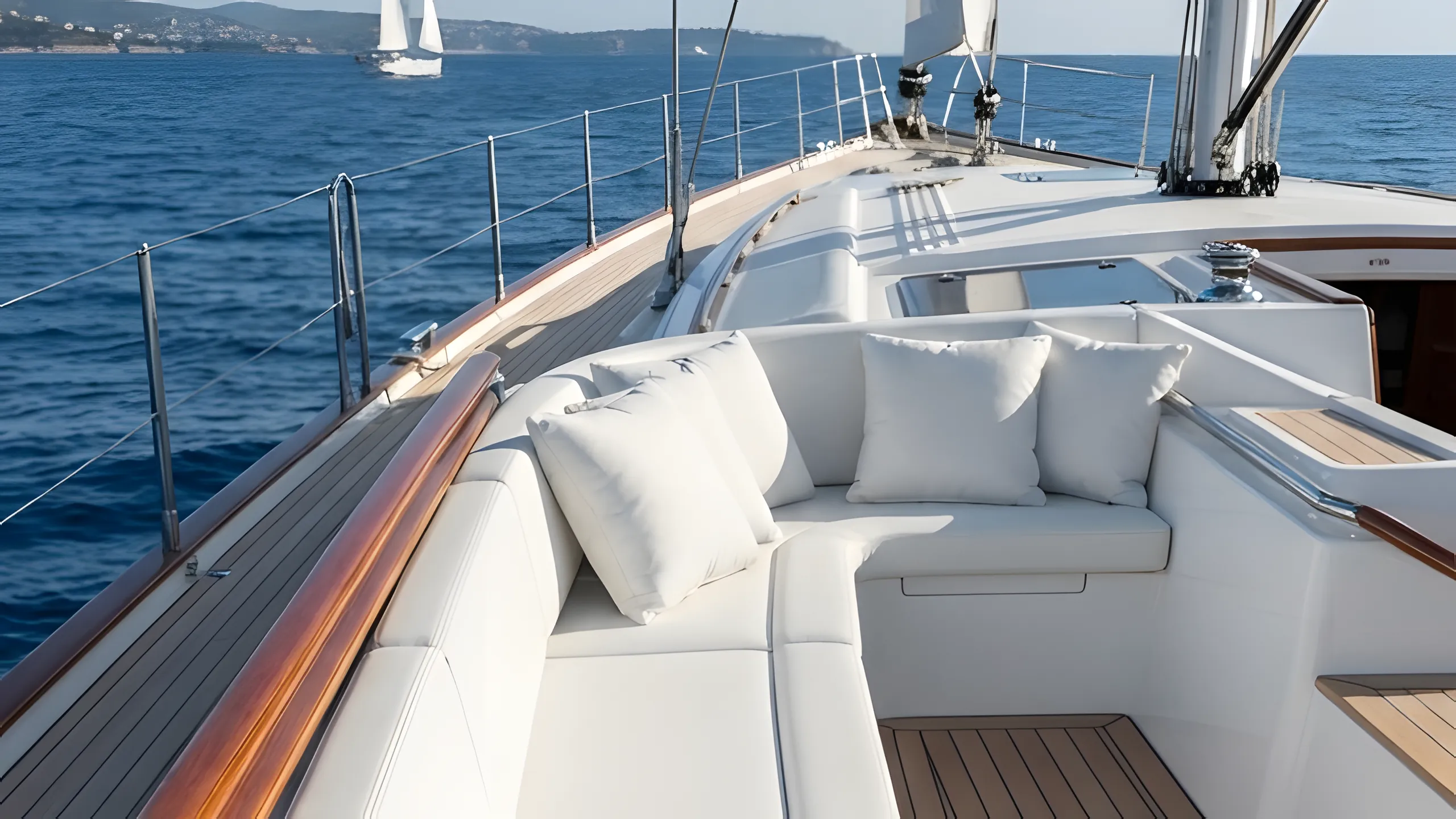 Teak deck seating aboard a yacht under way at sea