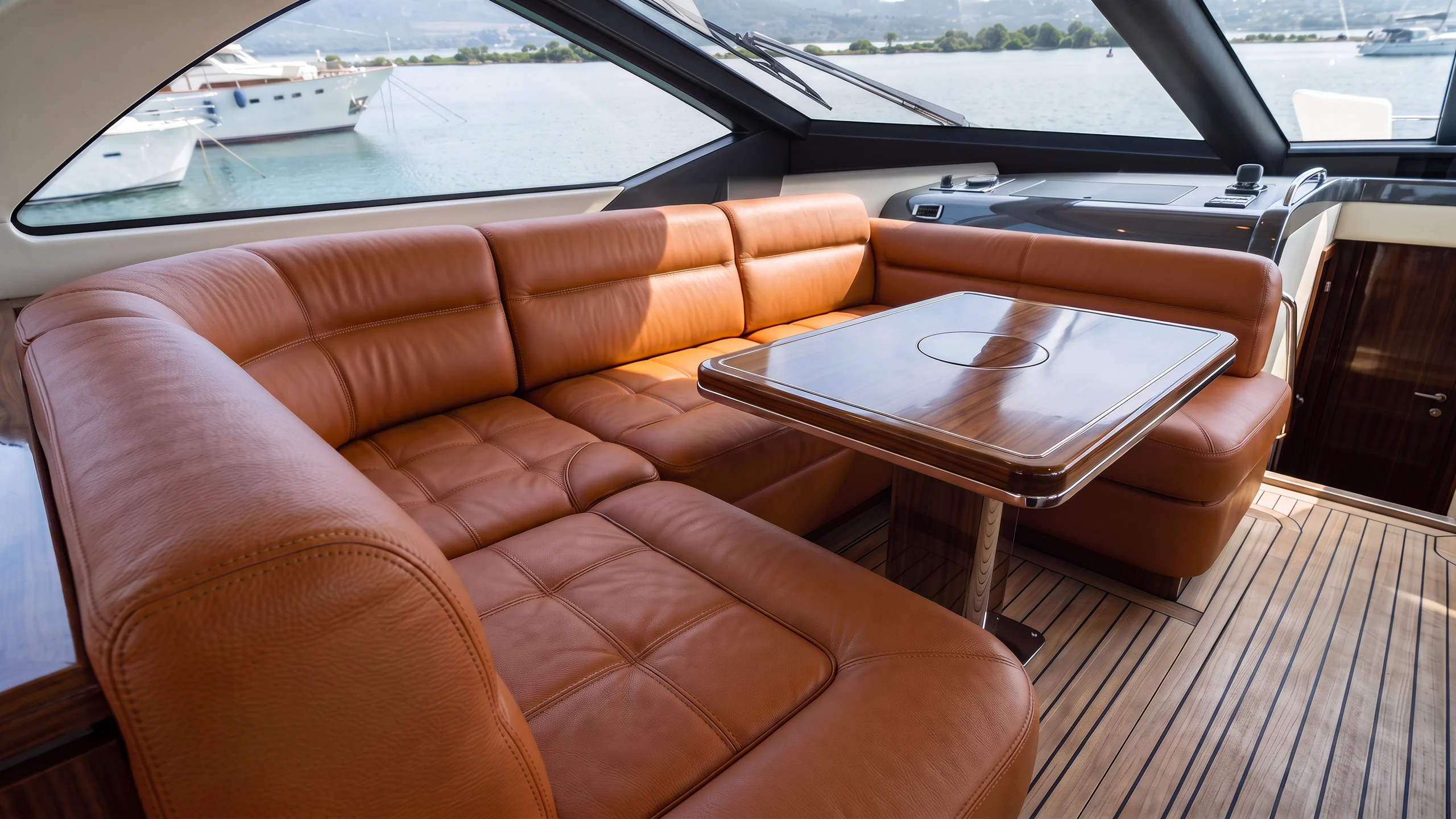 Leather seating in a yacht saloon