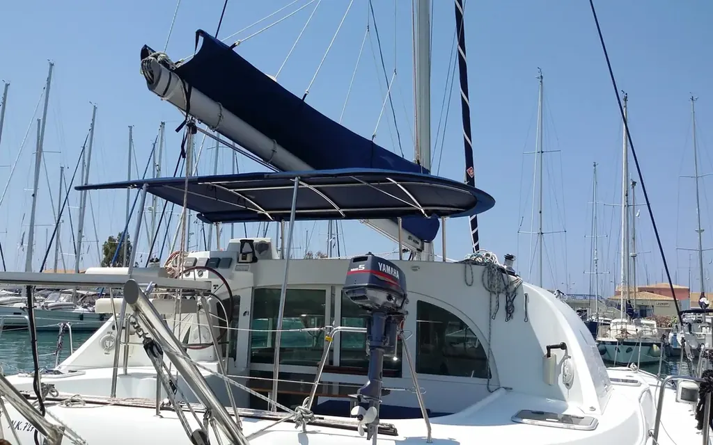 Yachts moored in an Attica marina with biminis fitted